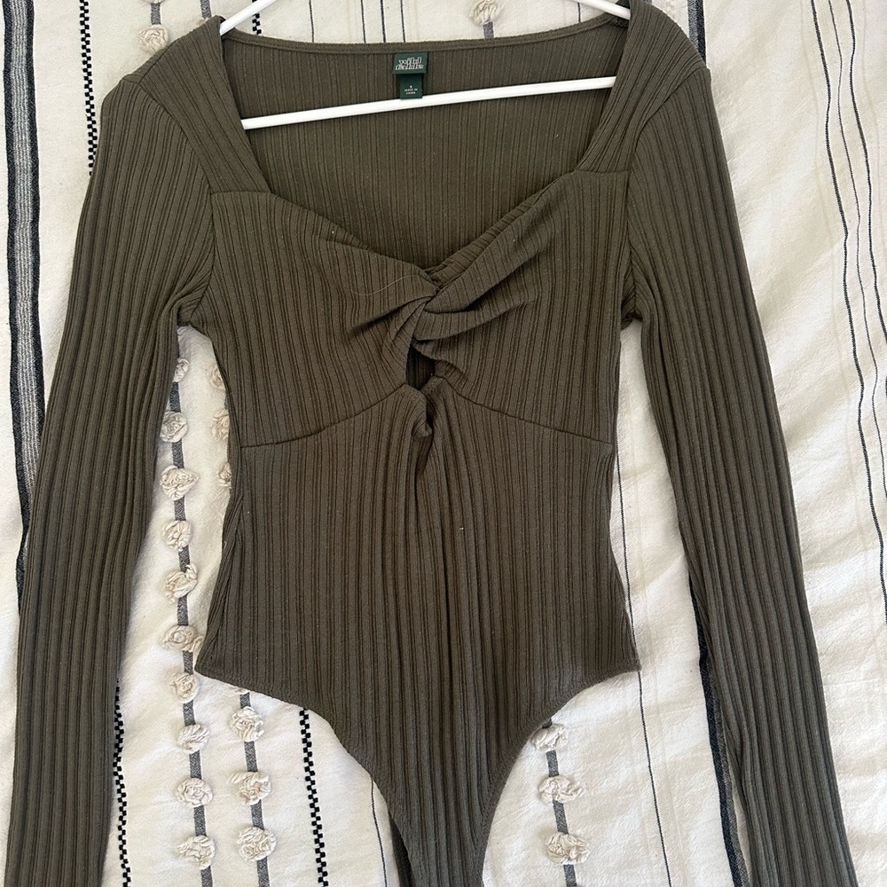 Wild fable Olive Ribbed Twist-Front Long Sleeve Bodysuit